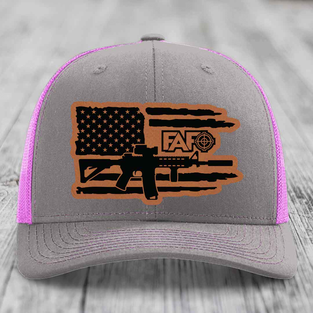 American Flag with AR15 FAFO - Leather Patch Hat - Rawhide to Black Patch - Richardson 112 Snapback Trucker Hat