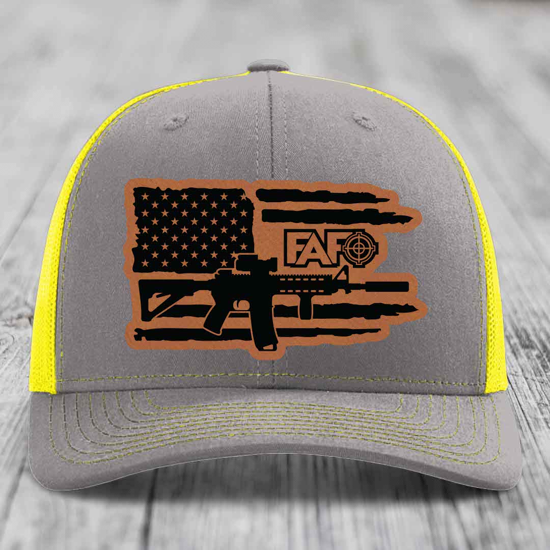 American Flag with AR15 FAFO - Leather Patch Hat - Rawhide to Black Patch - Richardson 112 Snapback Trucker Hat