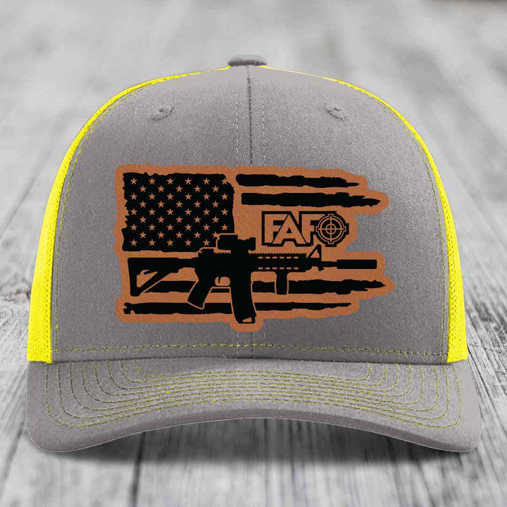 American Flag with AR15 FAFO - Leather Patch Hat - Rawhide to Black Patch - Richardson 112 Snapback Trucker Hat
