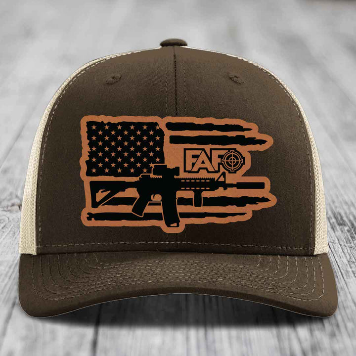 American Flag with AR15 FAFO - Leather Patch Hat - Rawhide to Black Patch - Richardson 112 Snapback Trucker Hat