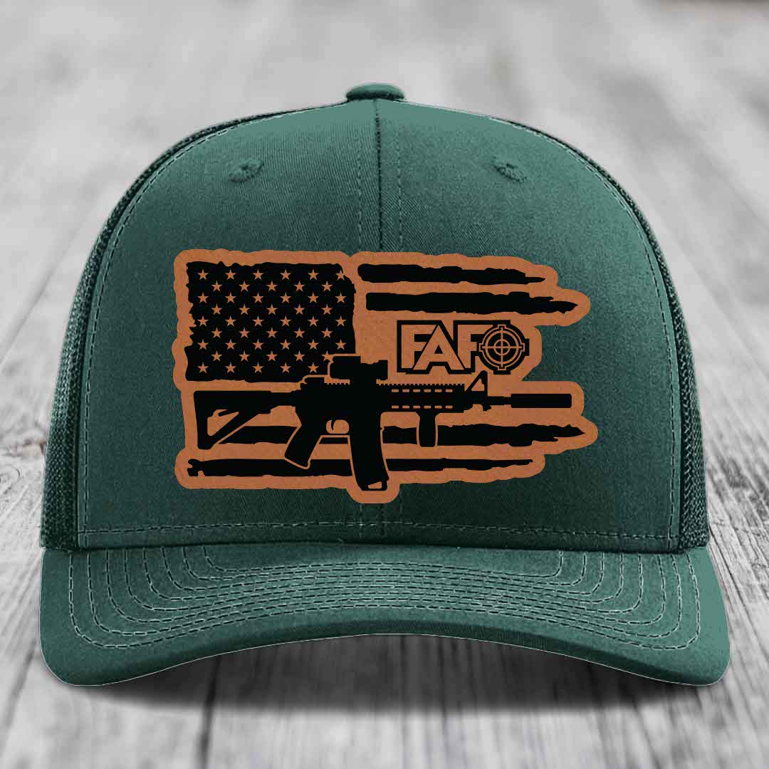 American Flag with AR15 FAFO - Leather Patch Hat - Rawhide to Black Patch - Richardson 112 Snapback Trucker Hat