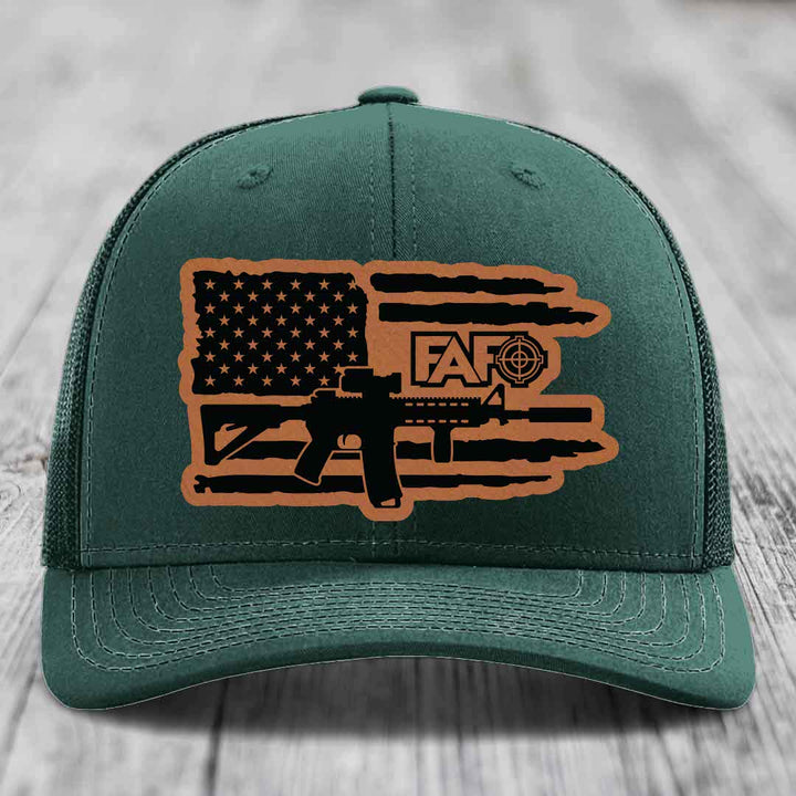 American Flag with AR15 FAFO - Leather Patch Hat - Rawhide to Black Patch - Richardson 112 Snapback Trucker Hat