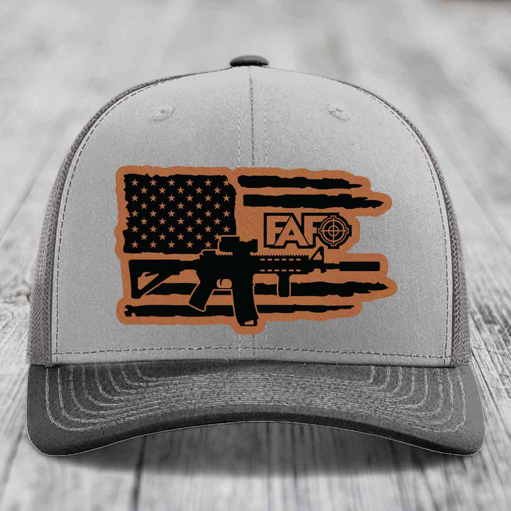 American Flag with AR15 FAFO - Leather Patch Hat - Rawhide to Black Patch - Richardson 112 Snapback Trucker Hat