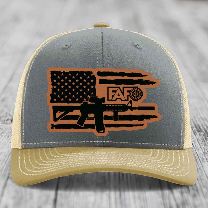 American Flag with AR15 FAFO - Leather Patch Hat - Rawhide to Black Patch - Richardson 112 Snapback Trucker Hat