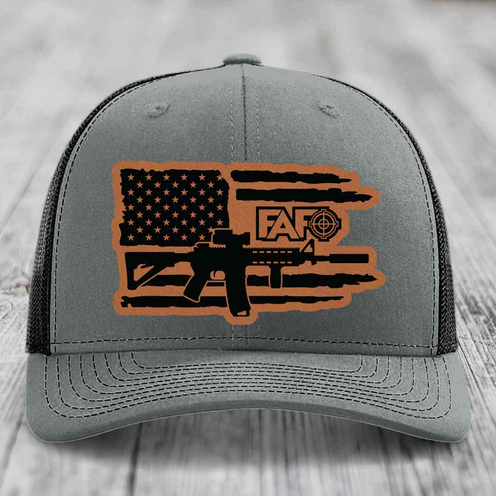 American Flag with AR15 FAFO - Leather Patch Hat - Rawhide to Black Patch - Richardson 112 Snapback Trucker Hat