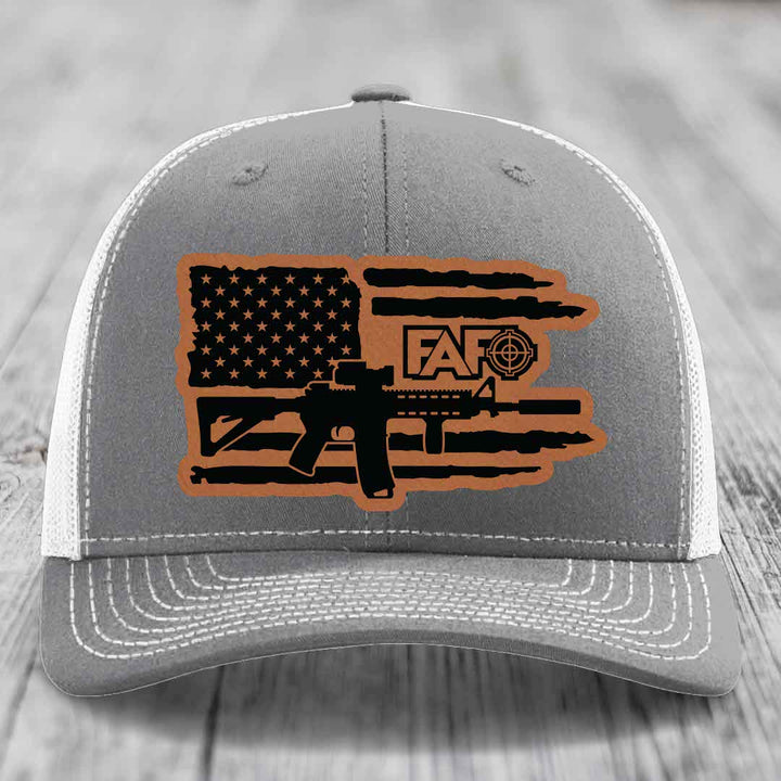 American Flag with AR15 FAFO - Leather Patch Hat - Rawhide to Black Patch - Richardson 112 Snapback Trucker Hat