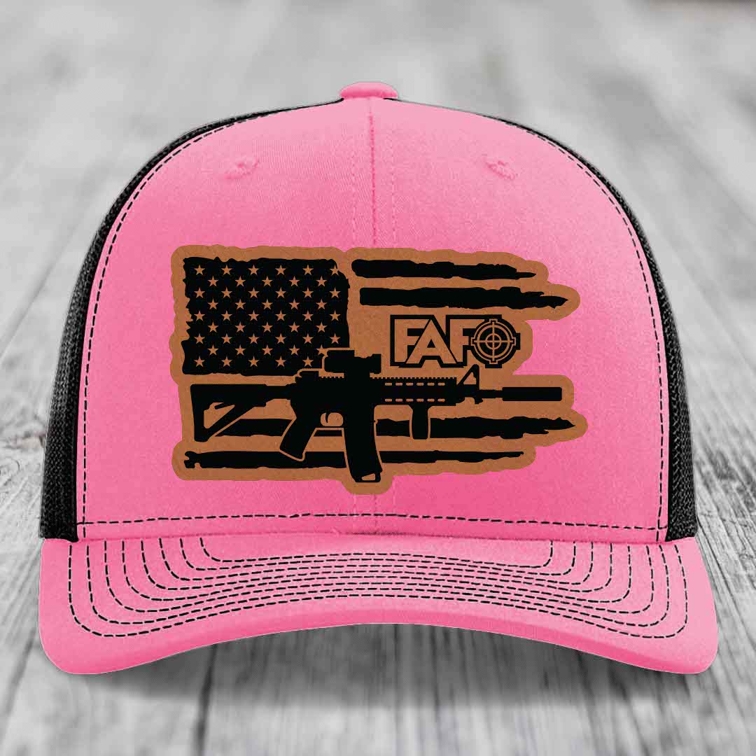 American Flag with AR15 FAFO - Leather Patch Hat - Rawhide to Black Patch - Richardson 112 Snapback Trucker Hat