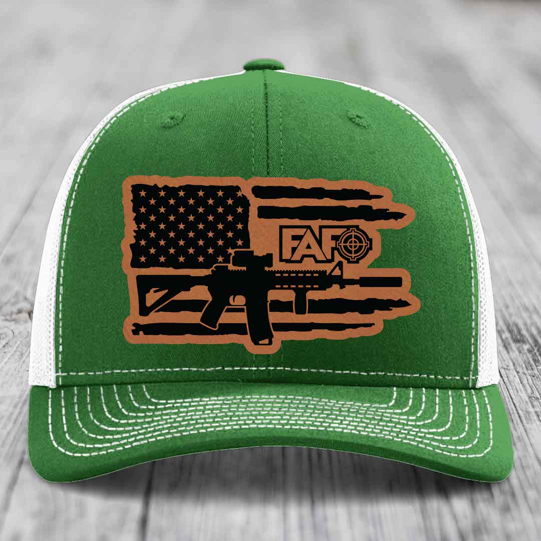 American Flag with AR15 FAFO - Leather Patch Hat - Rawhide to Black Patch - Richardson 112 Snapback Trucker Hat