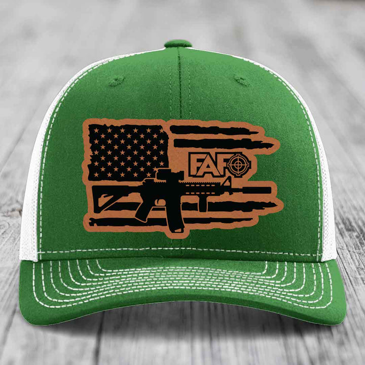 American Flag with AR15 FAFO - Leather Patch Hat - Rawhide to Black Patch - Richardson 112 Snapback Trucker Hat