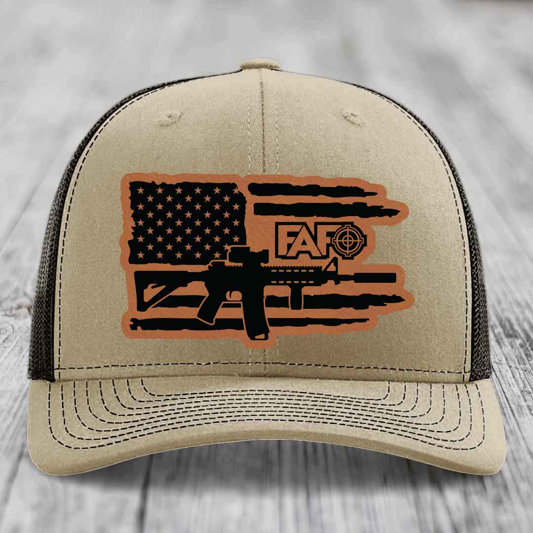 American Flag with AR15 FAFO - Leather Patch Hat - Rawhide to Black Patch - Richardson 112 Snapback Trucker Hat