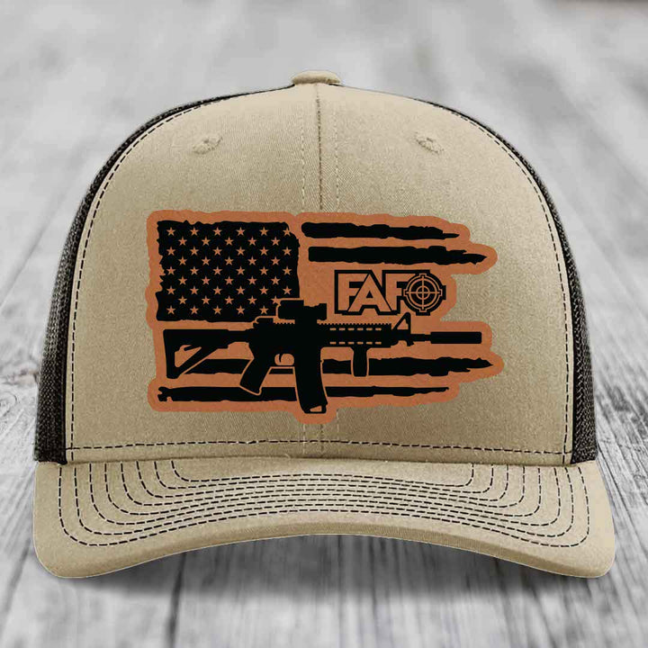 American Flag with AR15 FAFO - Leather Patch Hat - Rawhide to Black Patch - Richardson 112 Snapback Trucker Hat