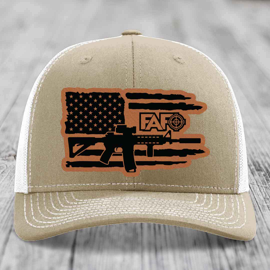 American Flag with AR15 FAFO - Leather Patch Hat - Rawhide to Black Patch - Richardson 112 Snapback Trucker Hat