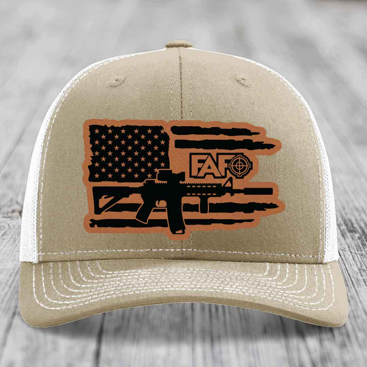 American Flag with AR15 FAFO - Leather Patch Hat - Rawhide to Black Patch - Richardson 112 Snapback Trucker Hat