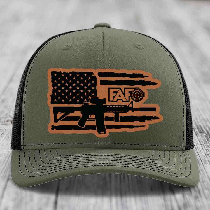 American Flag with AR15 FAFO - Leather Patch Hat - Rawhide to Black Patch - Richardson 112 Snapback Trucker Hat