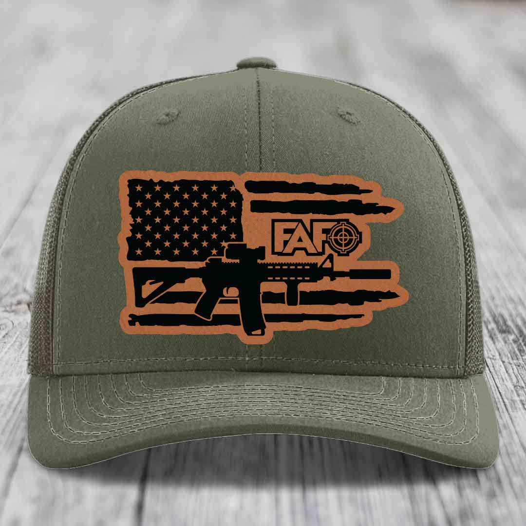 American Flag with AR15 FAFO - Leather Patch Hat - Rawhide to Black Patch - Richardson 112 Snapback Trucker Hat