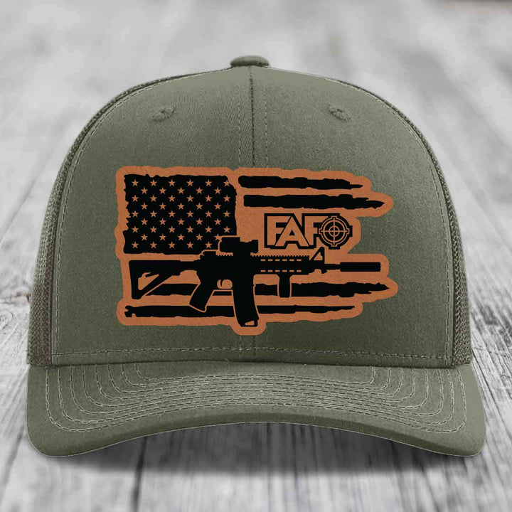 American Flag with AR15 FAFO - Leather Patch Hat - Rawhide to Black Patch - Richardson 112 Snapback Trucker Hat