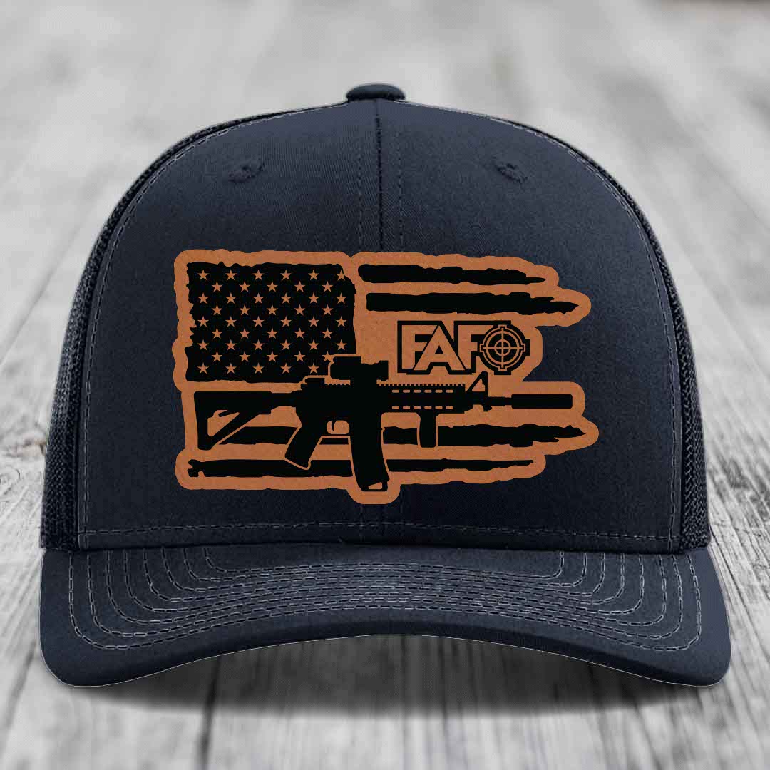 American Flag with AR15 FAFO - Leather Patch Hat - Rawhide to Black Patch - Richardson 112 Snapback Trucker Hat