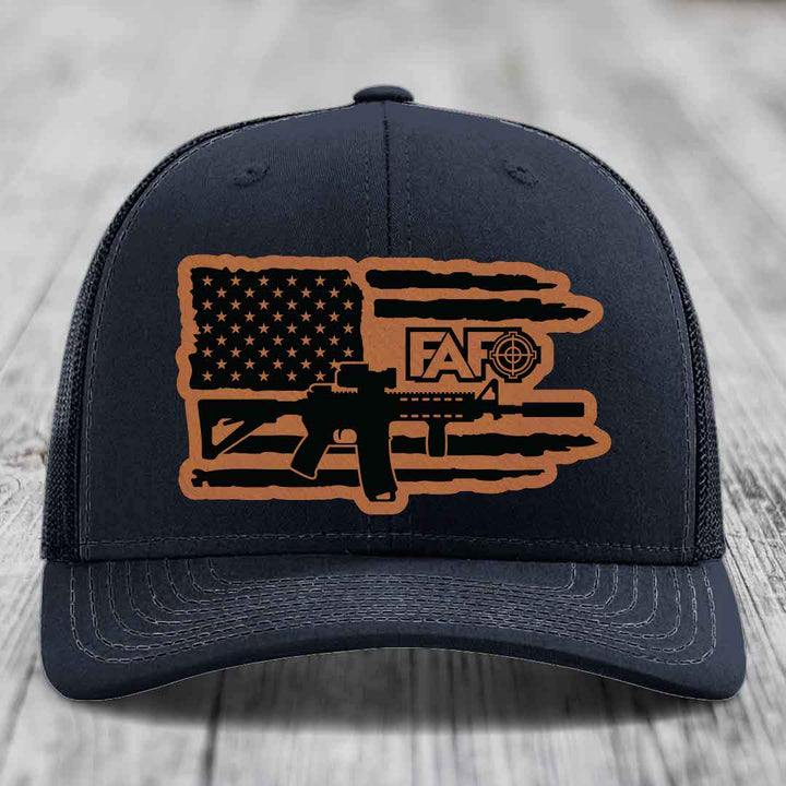American Flag with AR15 FAFO - Leather Patch Hat - Rawhide to Black Patch - Richardson 112 Snapback Trucker Hat