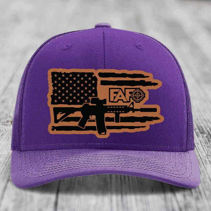 American Flag with AR15 FAFO - Leather Patch Hat - Rawhide to Black Patch - Richardson 112 Snapback Trucker Hat
