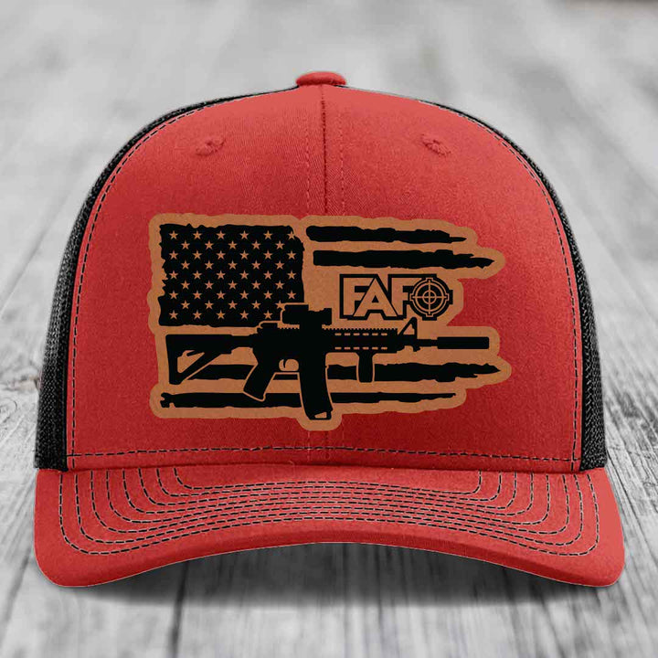 American Flag with AR15 FAFO - Leather Patch Hat - Rawhide to Black Patch - Richardson 112 Snapback Trucker Hat
