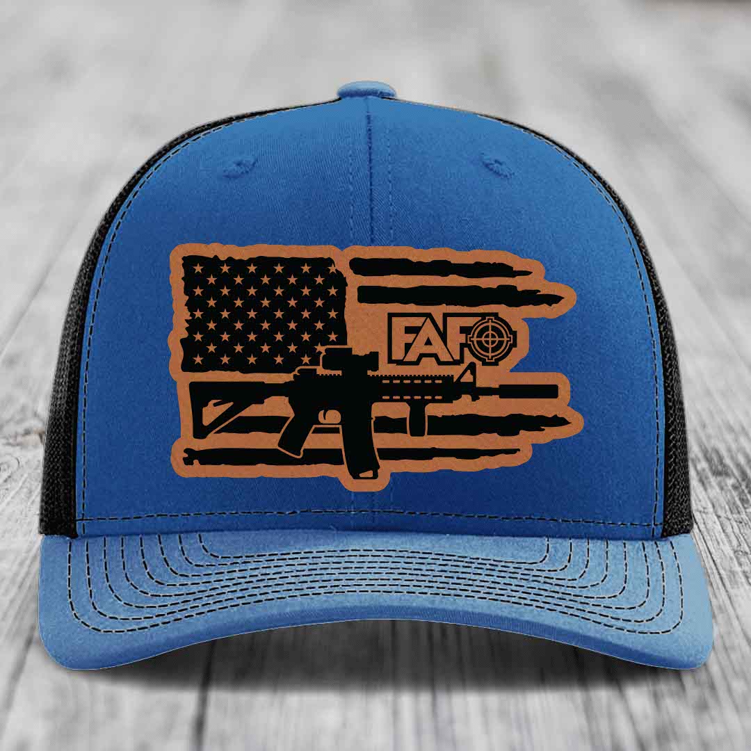 American Flag with AR15 FAFO - Leather Patch Hat - Rawhide to Black Patch - Richardson 112 Snapback Trucker Hat