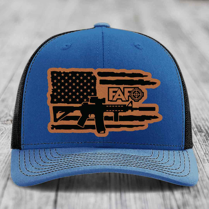 American Flag with AR15 FAFO - Leather Patch Hat - Rawhide to Black Patch - Richardson 112 Snapback Trucker Hat
