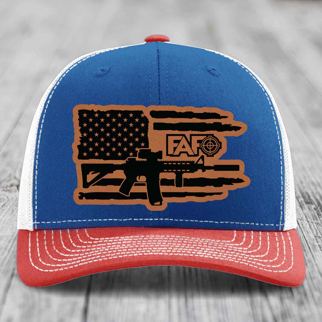 American Flag with AR15 FAFO - Leather Patch Hat - Rawhide to Black Patch - Richardson 112 Snapback Trucker Hat