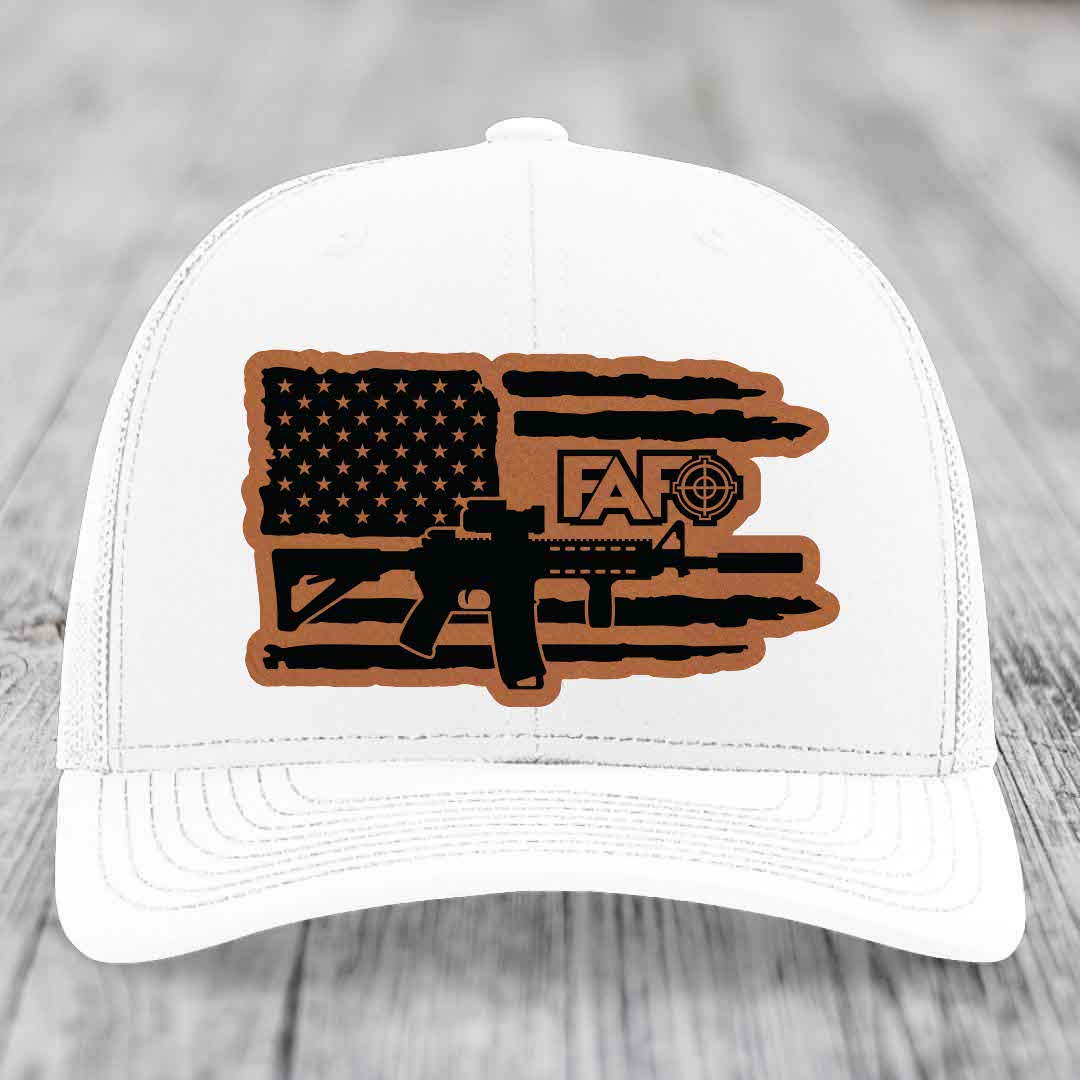 American Flag with AR15 FAFO - Leather Patch Hat - Rawhide to Black Patch - Richardson 112 Snapback Trucker Hat