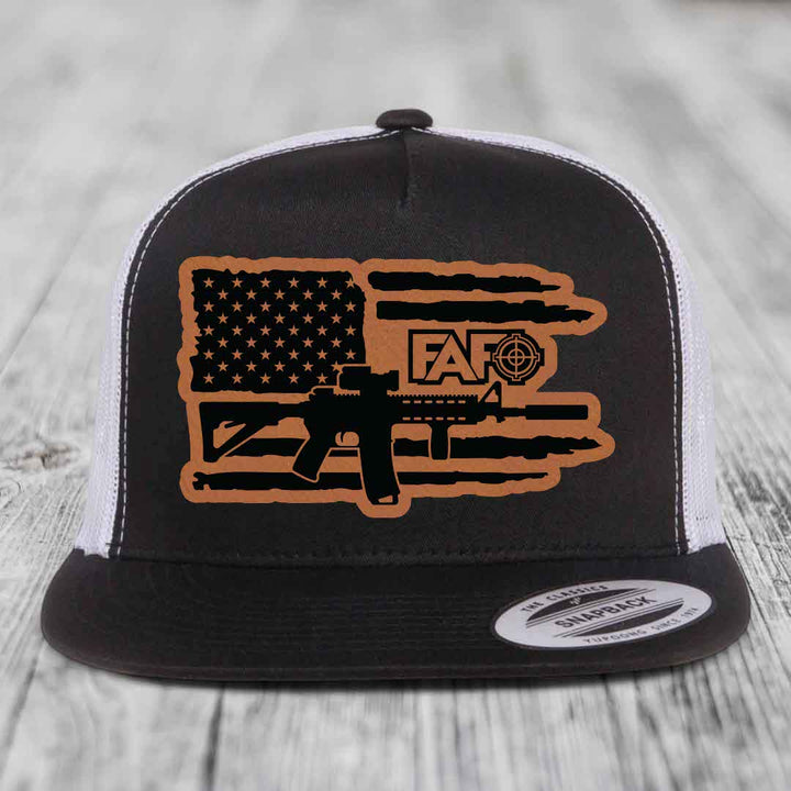 American Flag with AR15 FAFO - Leather Patch Hat - Rawhide to Black Patch - Yupoong 6006 Snapback Flatbill Hat