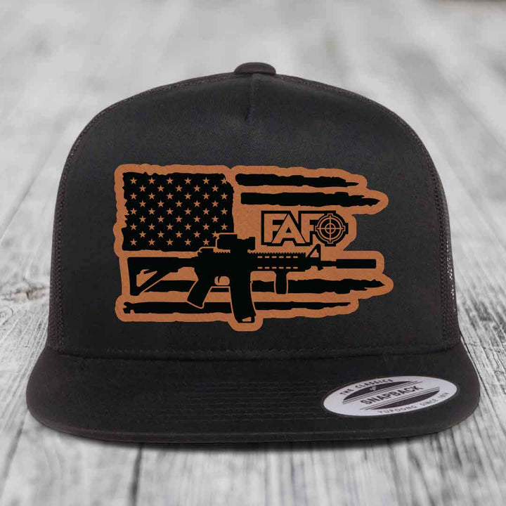 American Flag with AR15 FAFO - Leather Patch Hat - Rawhide to Black Patch - Yupoong 6006 Snapback Flatbill Hat