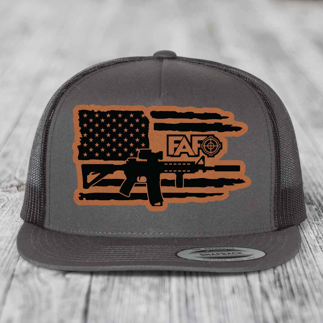 American Flag with AR15 FAFO - Leather Patch Hat - Rawhide to Black Patch - Yupoong 6006 Snapback Flatbill Hat