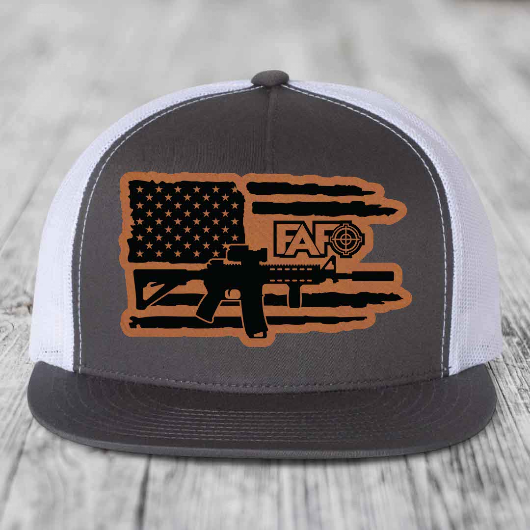 American Flag with AR15 FAFO - Leather Patch Hat - Rawhide to Black Patch - Yupoong 6006 Snapback Flatbill Hat