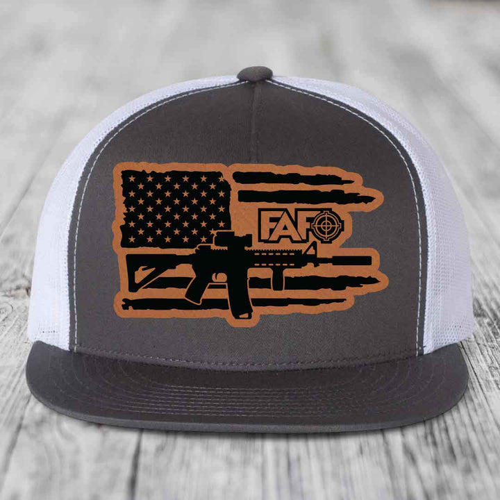 American Flag with AR15 FAFO - Leather Patch Hat - Rawhide to Black Patch - Yupoong 6006 Snapback Flatbill Hat