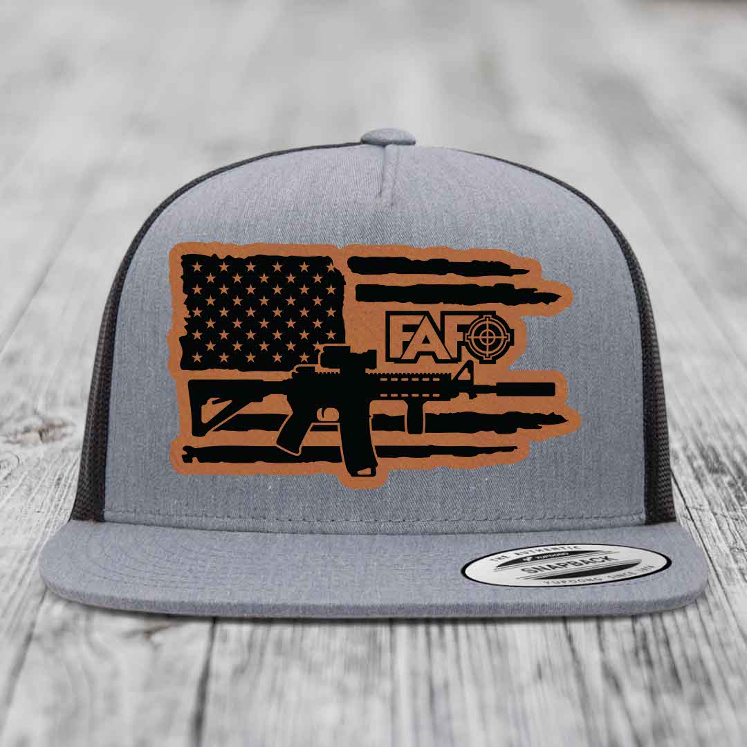 American Flag with AR15 FAFO - Leather Patch Hat - Rawhide to Black Patch - Yupoong 6006 Snapback Flatbill Hat