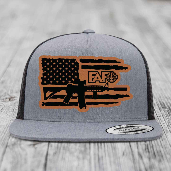 American Flag with AR15 FAFO - Leather Patch Hat - Rawhide to Black Patch - Yupoong 6006 Snapback Flatbill Hat