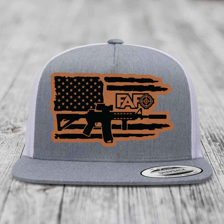 American Flag with AR15 FAFO - Leather Patch Hat - Rawhide to Black Patch - Yupoong 6006 Snapback Flatbill Hat