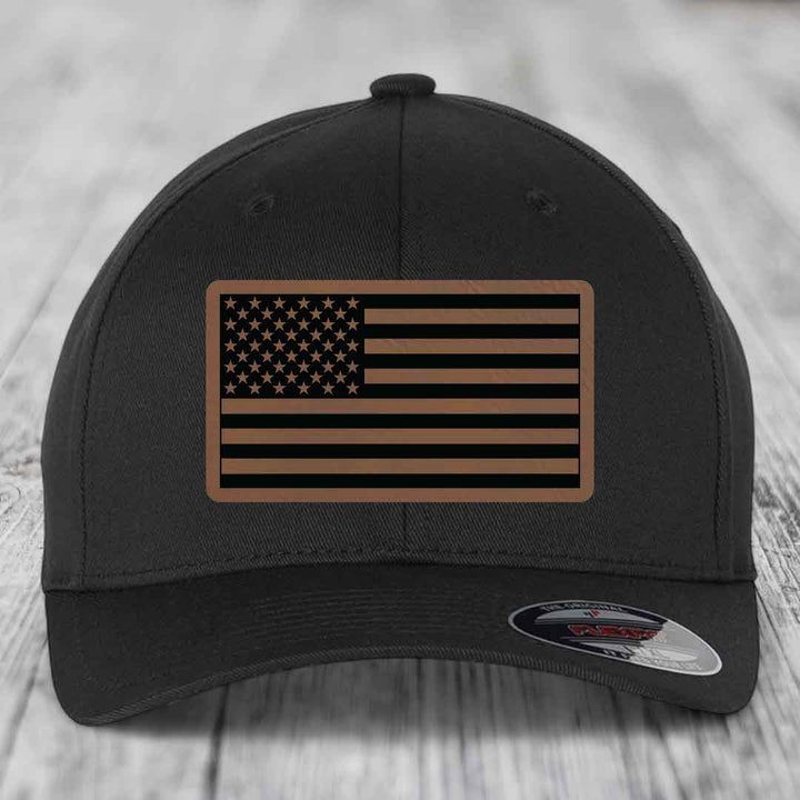 American Flag - Leather Patch Hat - Dark Brown to Black Patch - Flexfit 6277 Fitted Hat