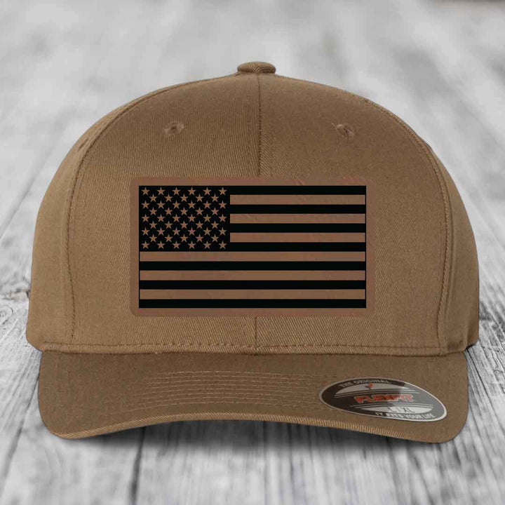 American Flag - Leather Patch Hat - Dark Brown to Black Patch - Flexfit 6277 Fitted Hat