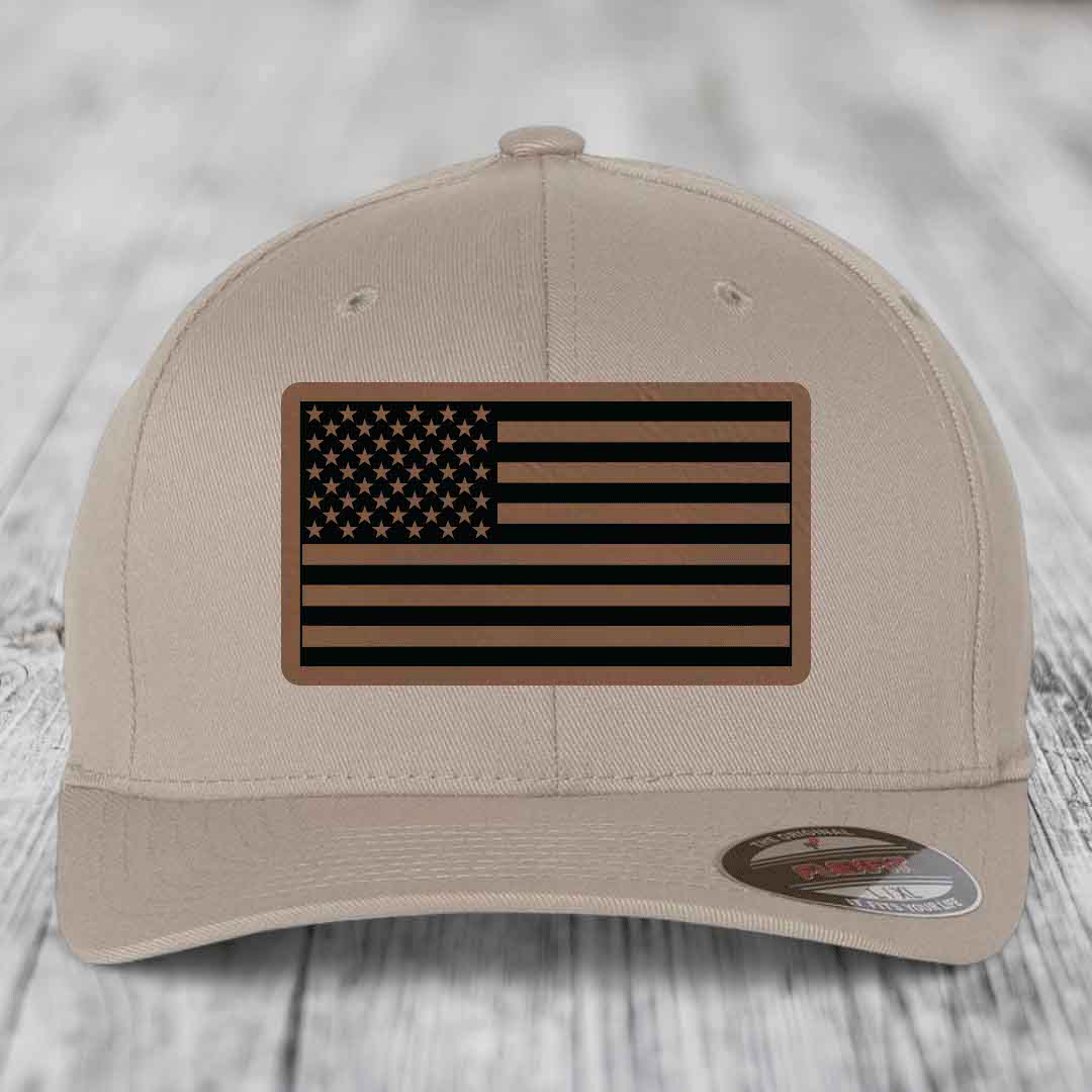 American Flag - Leather Patch Hat - Dark Brown to Black Patch - Flexfit 6277 Fitted Hat