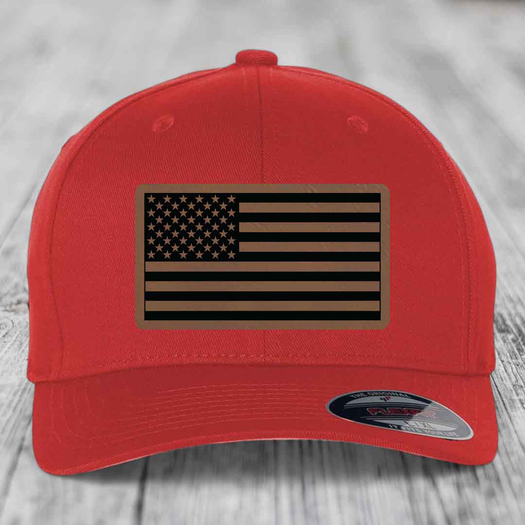 American Flag - Leather Patch Hat - Dark Brown to Black Patch - Flexfit 6277 Fitted Hat
