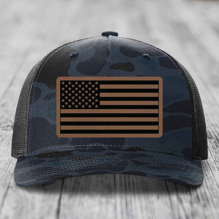 American Flag - Leather Patch Hat - Dark Brown to Black Patch - Richardson 112PFP Snapback Trucker Hat