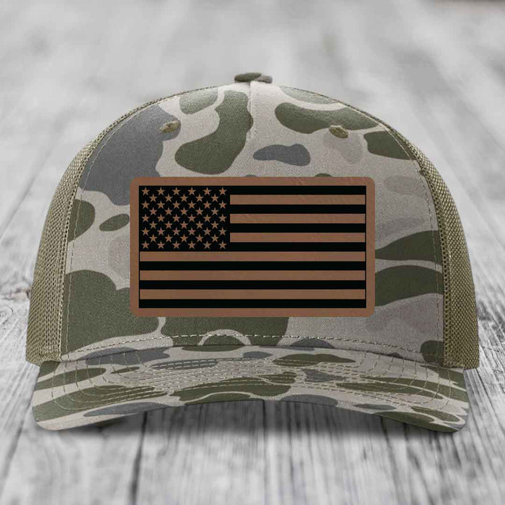 American Flag - Leather Patch Hat - Dark Brown to Black Patch - Richardson 112PFP Snapback Trucker Hat