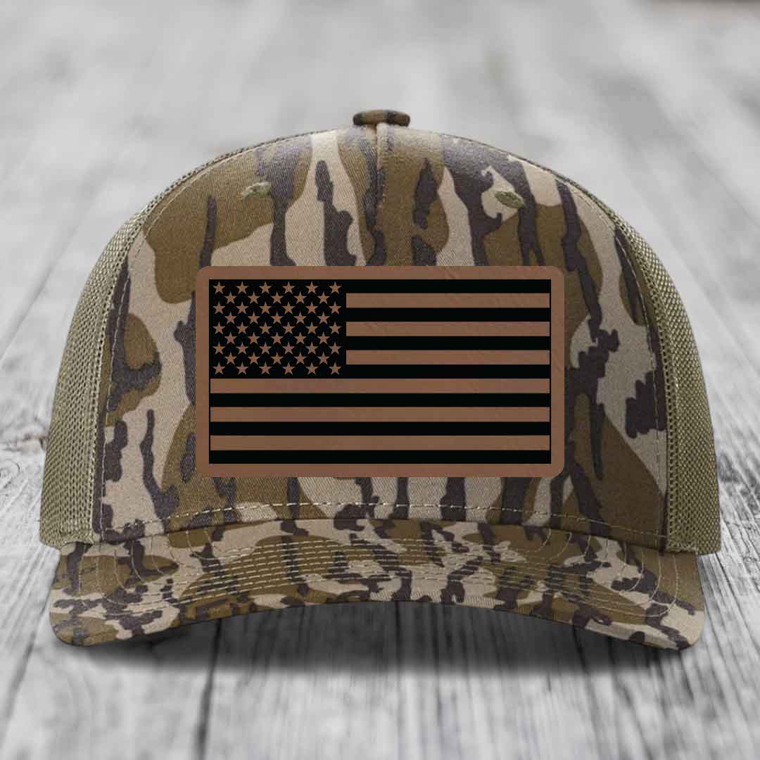 American Flag - Leather Patch Hat - Dark Brown to Black Patch - Richardson 112PFP Snapback Trucker Hat