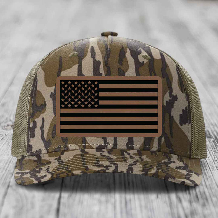 American Flag - Leather Patch Hat - Dark Brown to Black Patch - Richardson 112PFP Snapback Trucker Hat