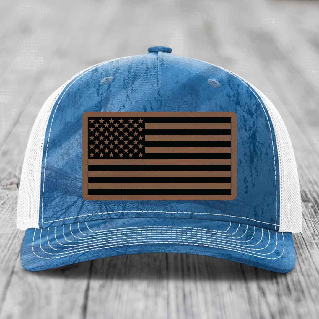 American Flag - Leather Patch Hat - Dark Brown to Black Patch - Richardson 112PFP Snapback Trucker Hat