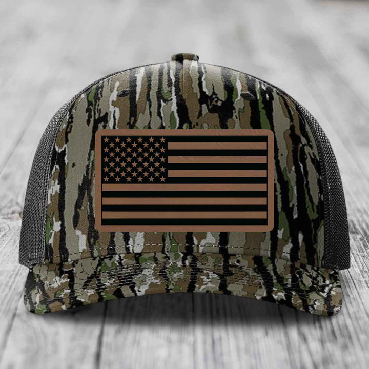 American Flag - Leather Patch Hat - Dark Brown to Black Patch - Richardson 112PFP Snapback Trucker Hat