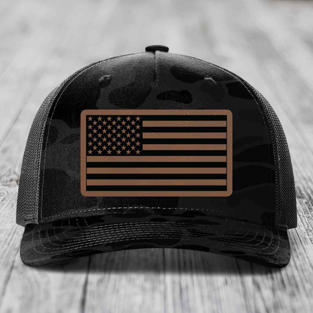 American Flag - Leather Patch Hat - Dark Brown to Black Patch - Richardson 112PFP Snapback Trucker Hat