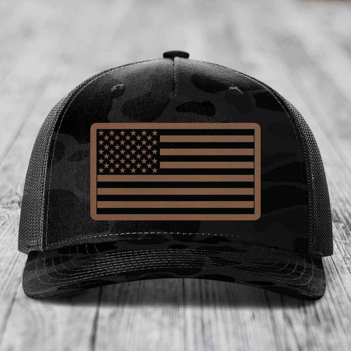 American Flag - Leather Patch Hat - Dark Brown to Black Patch - Richardson 112PFP Snapback Trucker Hat