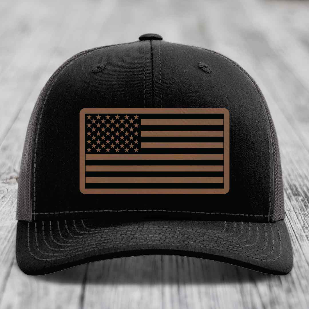 American Flag - Leather Patch Hat - Dark Brown to Black Patch - Richardson 112 Snapback Trucker Hat