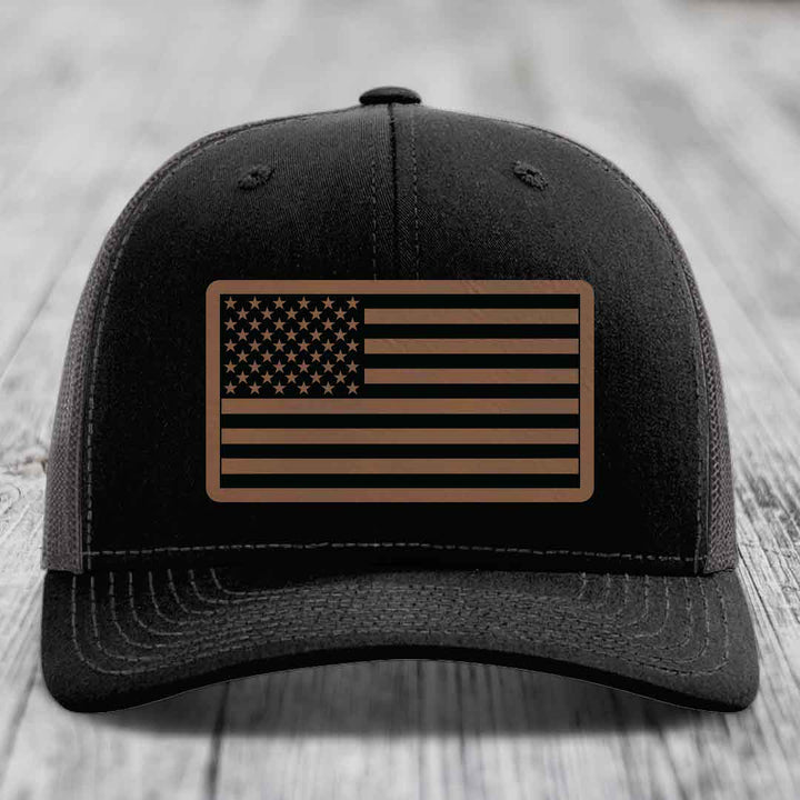 American Flag - Leather Patch Hat - Dark Brown to Black Patch - Richardson 112 Snapback Trucker Hat